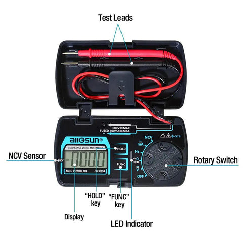 Auto Ranging Pocket Digital Multimeter, Tiny Handheld Travel Meter with open case showing display, test leads, and rotary switch.