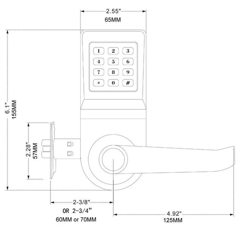 Technical drawing of the D6300 Bluetooth Digital Door Lock Satin Nickel with backlit keypad, showing dimensions.