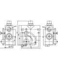 DUIBAII hydraulic adjustable variable flow control valve schematic with 3/4 in NPT ports (front, side, top views).