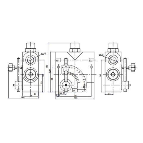 Technical diagram of Beefy 3/4 NPT Hydraulic Flow Control Valve With Adjustable Flow And Relief 0 To 30 GPM 500 To 3000 PSI Variable Directional Control Valve for industrial hydraulics.