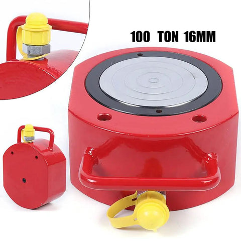 Heavy Duty Kickass 100 Ton Low Profile Hydraulic Jack Ripping Through Rock Solid Steel Frame Smooth Lifting Action Chrome Plated Piston 16mm Stroke Yellow Workhorse For Cramped Garages