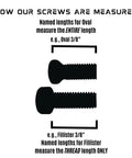Screw measurement guide illustrating lengths for Oval and Fillister screws in a clear format.