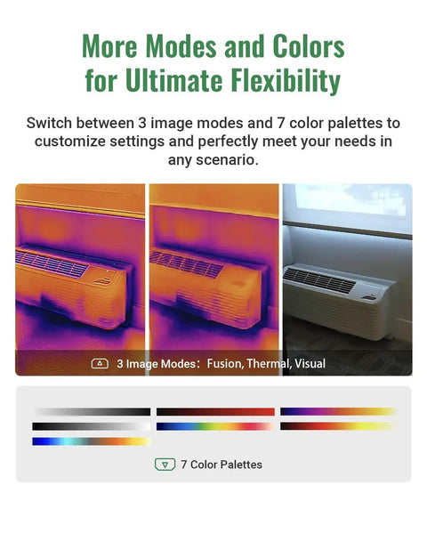 Thermal Imaging Camera With Visual Sensor And Laser Pointer, showing Fusion, Thermal, Visual modes with color palettes on air conditioner