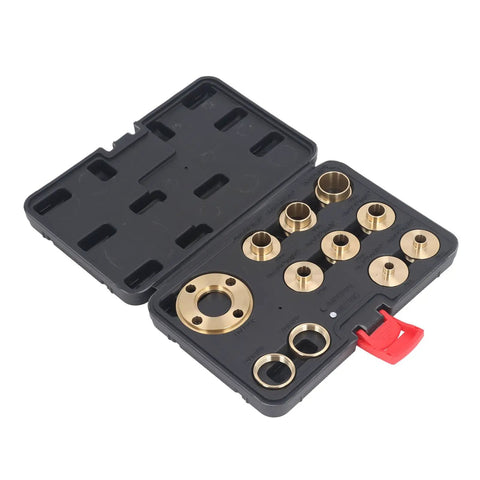 Top Tier Brass Router Template Guide Set With 11 Pcs Assortment for Woodworking Pros And Hobbyists Who Need Heavy Duty Bushing Fits For Perfectly Smooth Cuts Every Single Time, open case with brass bushings