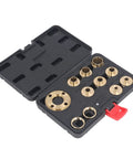 Killer Brass Router Template Guide Bushing Kit With Eight Sizes Ten To Thirty Millimeters for woodworking, open case with brass bushings.