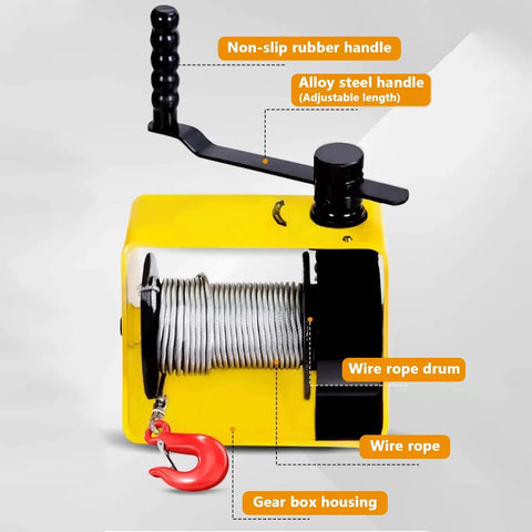 Workhorse Heavy Duty Worm Gear Hand Winch Two Way Self Locking Manual Crank with alloy steel adjustable handle and wire rope