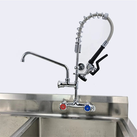 Commercial Kitchen Faucet With Sprayer Wall Mount Adjustable 4 To 8 Inch Center Pre Rinse Sprayer Valve 25 Inch High Arc 12 Inch Spout Chrome