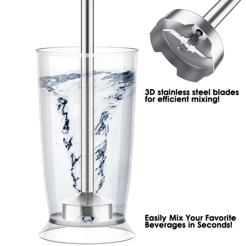 Heavy Duty Corded Hand Blender With Knockout Copper Motor And Twelve Speed Settings Plus Quick Pulse Turbo mixing water in a cup with 3D stainless steel blades.