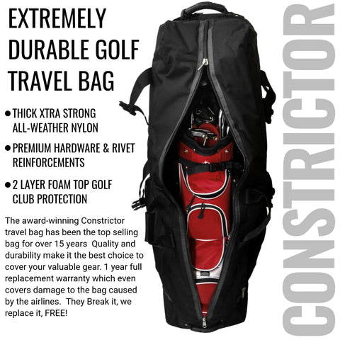 Constrictor Grey Golf Travel Bag With North Pole Golf Club Protector open showing club protection, nylon material, durable build