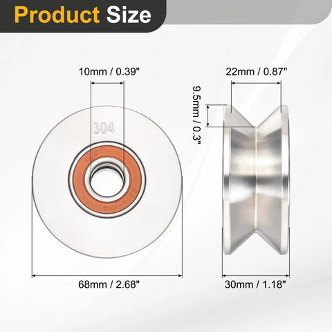 Built Tough V Groove Pulley Wheel Crafted From 304 Stainless Steel With 10mm Bore And 68mm Outer Diameter Featuring 9.5mm Width for precise sizes.