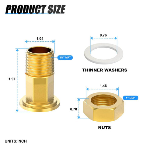 Diagram of Brass Water Meter Coupling 2 Pack 3/4 Inch NPT Male To 1 Inch BSP Female Adapter Pipe Fitting With Seal Washer dimensions.
