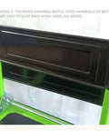 Heavy Duty Platform Truck With Foldable Steel Frame 660Lb Capacity Push Cart For Groceries And Everyday Hauling Portable Flatbed Cart With Textured Surface To Prevent Slippage close-up of black handrail baffle on green steel frame