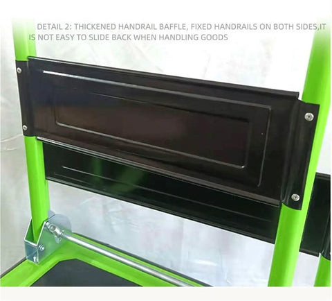 Heavy Duty Platform Truck With Foldable Steel Frame 660Lb Capacity Push Cart For Groceries And Everyday Hauling Portable Flatbed Cart With Textured Surface To Prevent Slippage close-up of black handrail baffle on green steel frame