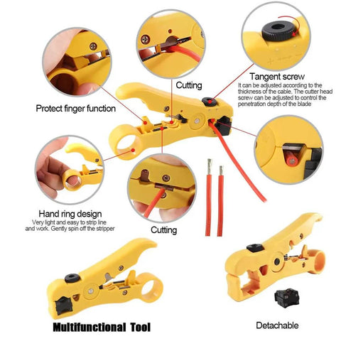 Yellow coaxial BNC crimping tool kit with RG59 connector and wire stripper, cutter features detailed descriptions.