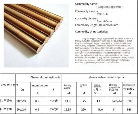 Tungsten Copper Alloy Rods, 80 Percent Tungsten 20 Percent Copper, various diameters, lab-grade, for high-temperature applications.