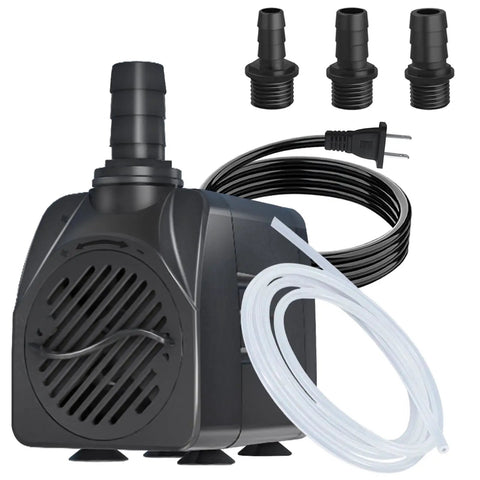 Ultra Quiet Submersible Pond Pump With Auto Shut Off For DIYers And Pros, 400 GPH (1500 L/H), 25W, 6.5 Ft Lift, 3 Nozzles, tubing, cord