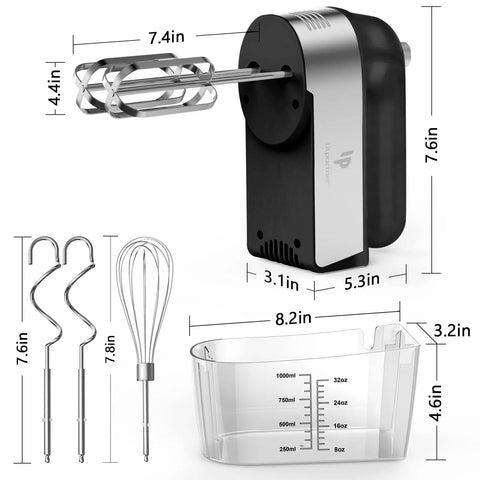 No Sweat Electric Hand Mixer With Gutsy 450W Motor and Handy Scale Cup storage case with four stainless steel attachments.