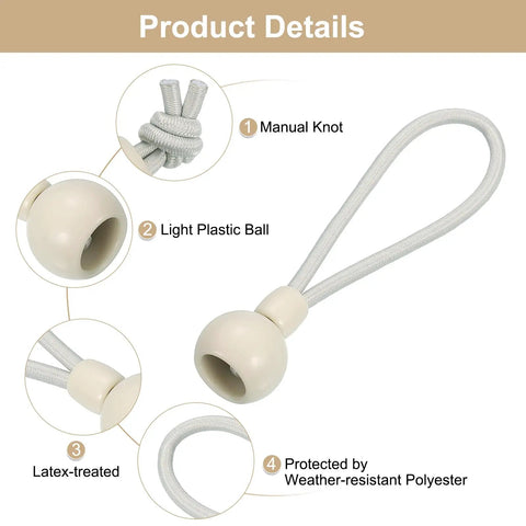 Product details of 12 Pack 4 Inch Bungee Tie Downs For Exterior Roller Shades And Sun Shades, featuring manual knot and light plastic ball.
