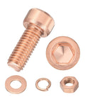 Premium Durable Red Copper M8x16 Metric Hex Socket Cup Cap Screws 8 Pack For Engines And Heavy Gear parts, including washer and nut.