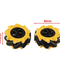 Level Up Your DIY Robotic Setup With This 2 Piece Mecanum Wheel Set For Intelligent Vehicles Delivering Quiet, Stable Grip On Any Surface And True Omnidirectional Movement For Smooth Flexible Navigation, showing two 80mm yellow and black wheels.