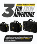 XL Tackle Bag Hauler Pro for anglers with mega storage capacity fits 12 3700 boxes and 4 large side pockets, three sizes shown