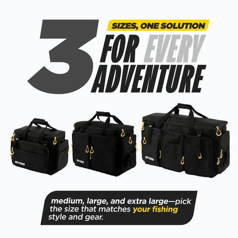 XL Tackle Bag Hauler Pro for anglers with mega storage capacity fits 12 3700 boxes and 4 large side pockets, three sizes shown