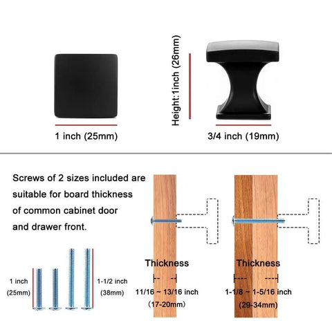 Diagram of Ten Pack Small Oil Rubbed Bronze Cabinet Knobs with dimensions, screws, and mounting instructions for cabinets.