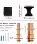 Dimensions of polished chrome curved square top cabinet knobs 25mm 10 pack, showing side and front view with screw sizes.