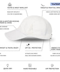White UPF 50 Plus Ponytail Baseball Cap For Women with cooling tech, size small medium, highlighting features around the cap