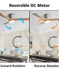 Lysdianpu Nordic Indoor Ceiling Fan Light showing forward and reverse rotation modes with wooden blades and light.