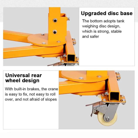 Close-up of Rock Strong Welded Alloy Engine Hoist And Rolling Workshop Crane built for no drama auto transfers, showing upgraded disc base and rear wheel design.