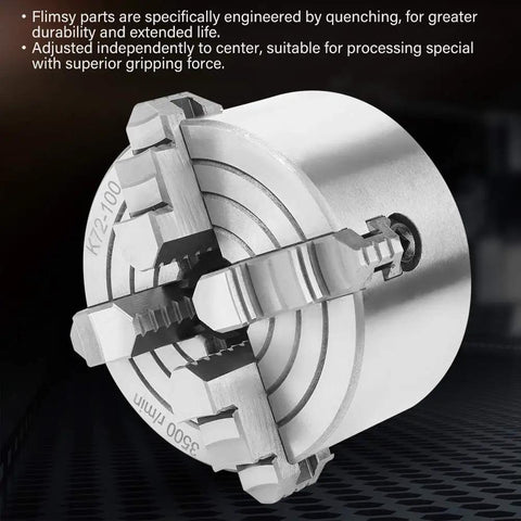 K72-100 Four Jaw Lathe Chuck For Manual Metal Turning, Independent Reversible Workhorse, 100mm Diameter, close-up view.