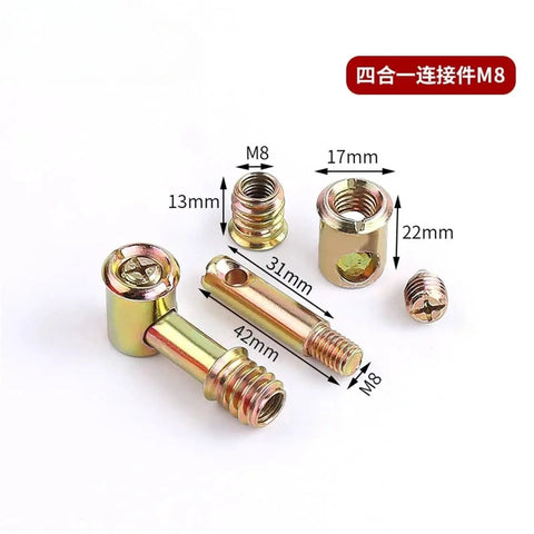 Hella Durable Kickass Four In One Cam Lock Fasteners And Eccentric Wheel Screws With Rust Resistant Alloy Connectors For Cabinet Wardrobe And Countertop Assembly Kits, set of metal cam lock fasteners in various sizes.