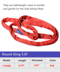 Round Sling 11020 Lbs 6.5 Ft Polyester Rigging Sling For Hoist, red color, 5.0T capacity, shown coiled on a display.