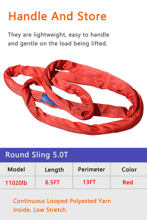 Round Sling 11020 Lbs 6.5 Ft Polyester Rigging Sling For Hoist, red color, 5.0T capacity, shown coiled on a display.