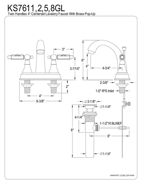 Technical diagram of Four Inch Centerset Bathroom Faucet in slick polished brass, drip free ceramic cartridge, six inch spout height.