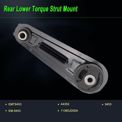 Nissan Rogue Engine Motor Mount Set For 2.5L AWD Models 2008 Through 2013 And 2014 Through 2015 Rogue Select Replacement A7370 A7392 A4351 A4352 Set Of 4 Heavy Duty OE Style Mounts, rear lower torque strut mount view.