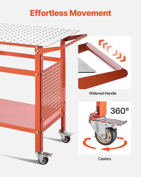 Built Like A Tank Steel Welding Workbench 40 By 24 Inches handling 800 lbs, with widened handle and smooth 360° braked casters.