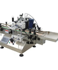 Fully Automatic Round Bottle Labeling Machine With Smooth Operator Touch Interface And Reliable Auto Correction Delivers No Sweat Plug And Play Production At 20 To 30 Pieces Per Minute For Pro Shops, side view of machine with touchscreen and feeding tray.