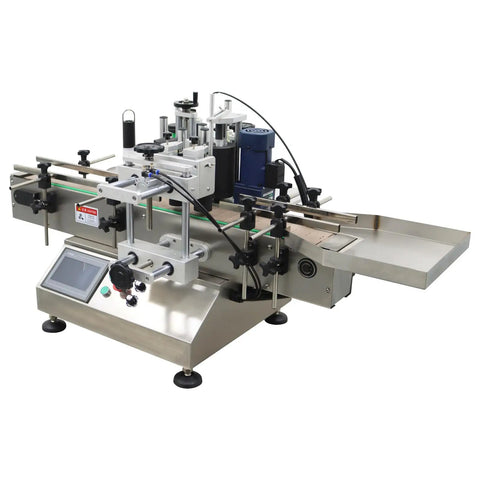 Fully Automatic Round Bottle Labeling Machine With Smooth Operator Touch Interface And Reliable Auto Correction Delivers No Sweat Plug And Play Production At 20 To 30 Pieces Per Minute For Pro Shops, side view of machine with touchscreen and feeding tray.