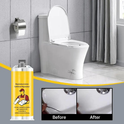 Bathroom view with toilet showing before and after using Fast Drying Tile Repair Glue Kit For Cracks And Chips, product package shown.