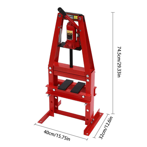 6 Ton A-Frame Hydraulic Shop Press with adjustable plates for auto repairs including bearings, bushings, ball joints, U-joints.