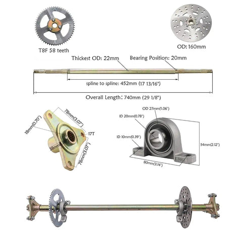 Diagram of Upgraded 29 Inch Go Kart Rear Axle Kit with 4.10-6 tires, 160mm disc rotor, 58T T8F sprocket, and 740mm shaft components.