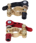 2 Pack Car Battery Terminal Clamps For Quick Disconnect And Release Positive Negative Power Terminals And Ends Heavy Duty No Fuss Wiring Easy Hook Up And Rock Solid Connection That Lasts, brass and aluminum, viewed from above.
