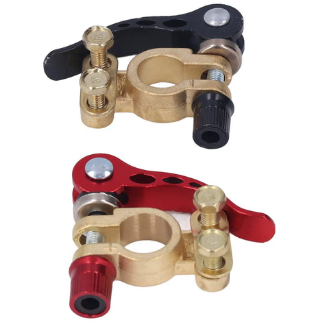 2 Pack Car Battery Terminal Clamps For Quick Disconnect And Release Positive Negative Power Terminals And Ends Heavy Duty No Fuss Wiring Easy Hook Up And Rock Solid Connection That Lasts, brass and aluminum, viewed from above.