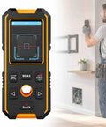 Beam Detector Rangefinder, Stud Finder Wall Scanner Stud Detector with Smart Sensors & Voice Broadcast, measuring accuracy ±1.5 mm, shown in use against a wall.