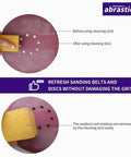 Abrasive cleaning eraser stick; yellow sponge used on purple sanding disc to remove sawdust
