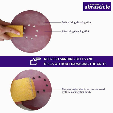 Abrasive cleaning eraser stick; yellow sponge used on purple sanding disc to remove sawdust