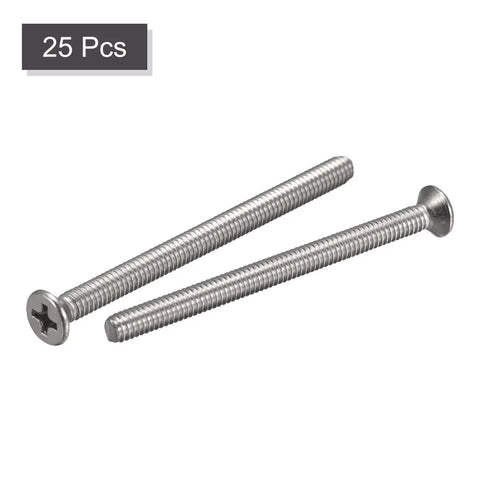 Premium Eight Thirty Two By Two Quarter Inch Flat Head Machine Screws Made Of Slick Thirty Four Stainless Steel With Kickass Grip and Rock Solid Phillips Drive, 25 pieces visible.