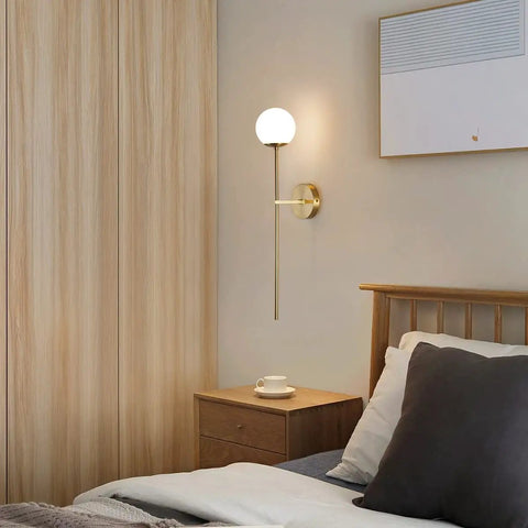Mid Century Modern Long Wall Sconce In Brushed Brass For Bathroom Vanity Lighting Gold Globe Wall Light With White Glass Sphere Shade